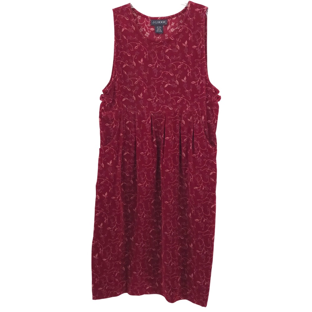 J.G. Hook Vintage Corduroy Midi Jumper Dress Womens XL Burgundy Floral Modest